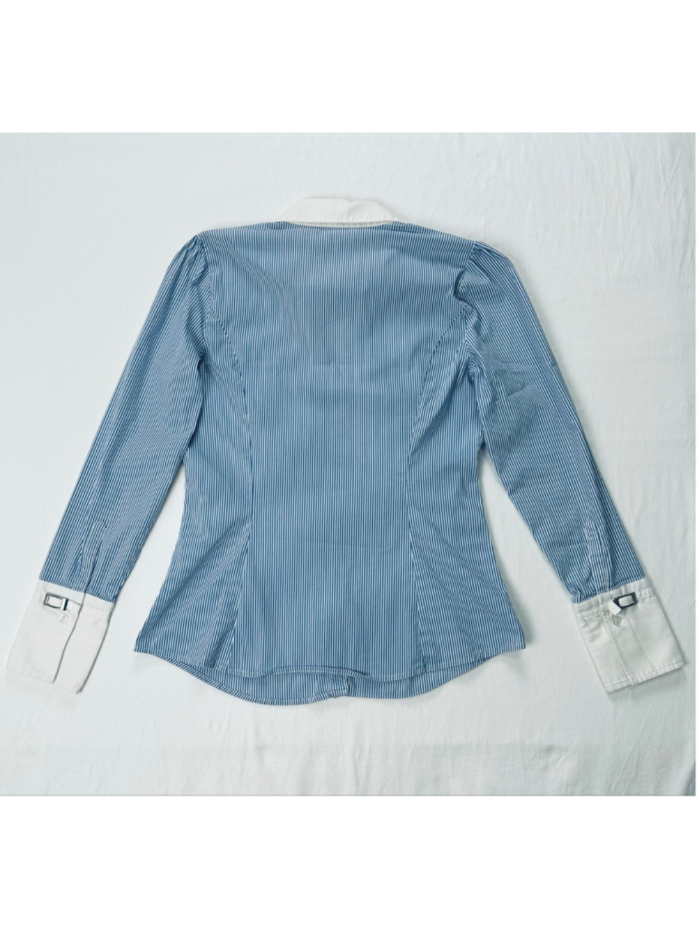Express Design Studio Blue White Pinstripe Contrast Cuff Button Career Blouse - Picture 5 of 13